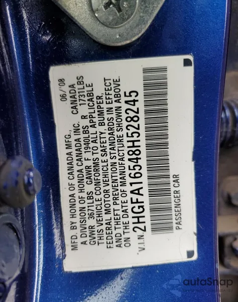 2008 Honda Civic Lx z USA, uszkodzony, nr VIN 2HGFA16548H528245